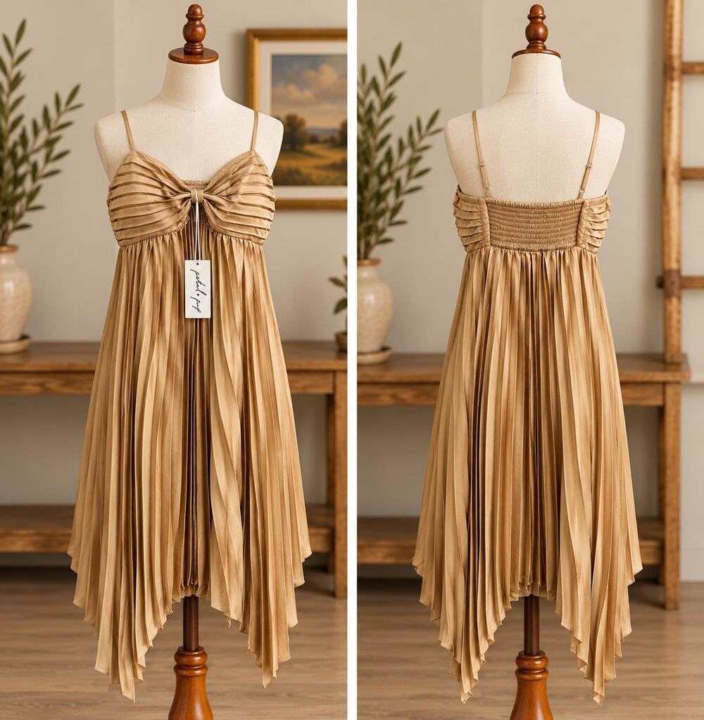 Petal & Pup Vikki Dress Gold US 12 Pleated Satin Midi Spaghetti Strap NWT